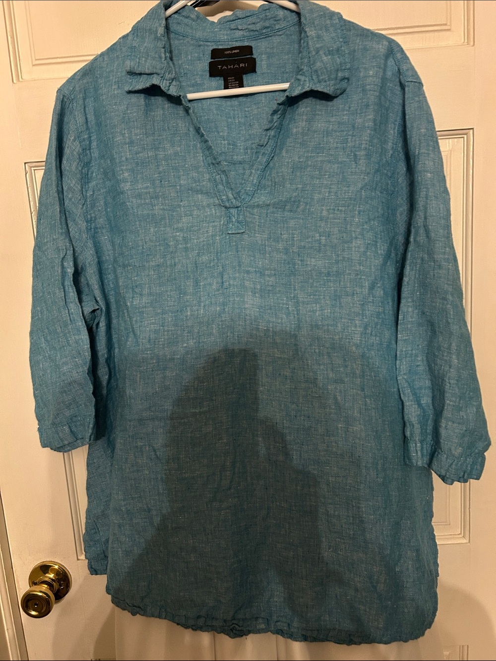 Elie Tahari Teal-Blue Linen V-Neck Collared Tunic
